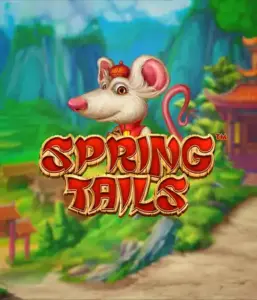 A whimsical illustration of a white rat dressed in traditional Chinese attire standing in a scenic landscape with mountains. The image promotes the Spring Tails Slot by Betsoft, highlighted with striking gold and red logo text.